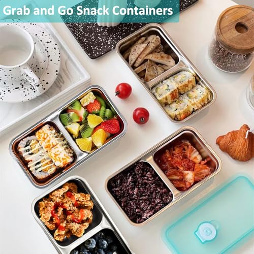 4 Pack Grab and Go Snack Containers Reusable, Stainless Steel Double Compartment Snack Containers with Leakproof Lids for Travel and Outdoor Camping School Lunch Prep Dishwasher Safe (4)
