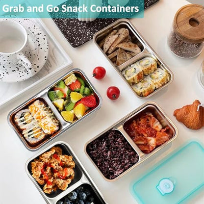4 Pack Grab and Go Snack Containers Reusable, Stainless Steel Double Compartment Snack Containers with Leakproof Lids for Travel and Outdoor Camping School Lunch Prep Dishwasher Safe (4)