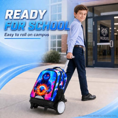 KLFVB Big Quiet-Glide Wheels Boys Backpack, 3-in-1 Rolling Bookbag Set with Lunch Bag | Water-Resistant Roller Bag for Kids, School, Travel, Play - Devil Soccer - color: Rolling Backpack with Big Wheels - Devil Soccer