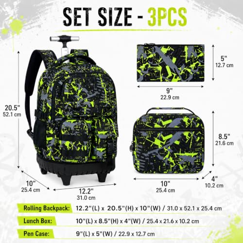 CCJPX 3Pcs Rolling Backpack for Boys, Roller Wheeled School Bookbag, Graffiti Wheels Backpacks with Lunch Box for Kids (Green) - color: Graffiti Green