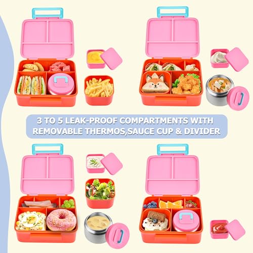 Bento Lunch Box for Kids with Thermo, Leakproof Bento Box with 8oz Insulated Food Jar, Insulated Bottle, Lunch Bag, BPA Free Dishwasher Safe 4 Compartment Container for School Girls Boys (Pink) - color: Pink