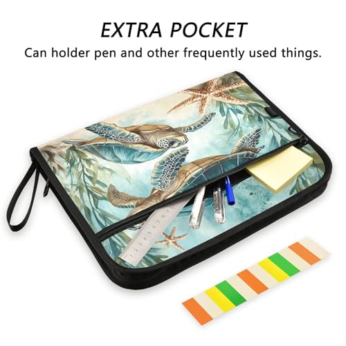 13 Pockets Expanding File Folder Sea Turtle Starfish Accordion File Organizer A4 Letter Size Paper Document Storage Zipper Expandable Folders with Labels