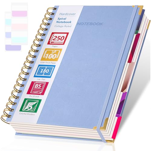 College Ruled Notebook, Spiral Notebook, Leather Hardcover Notebook Journal for Women Men, 5 Subject Notebook with Dividers, Journaling Notebooks for Work School, B5 Lined Notebook, 8" x 10", Blue - color: Light Blue, size: 8" x 10"