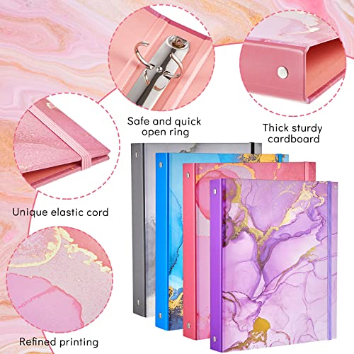 Lewtemi 4 Pack Mini Binders 5.5 x 8.5 Three Ring, 1 Inch Marble Binder, Flower Ocean Decorative Hardcover with Elastic Cord for School, Office Use, Recipe, Photo Album Pages(Marble) - style: Marble