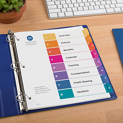 Avery 8 Tab Dividers for 3 Ring Binders, Customizable Table of Contents, Multicolor Tabs, 6 Sets (11186) (Pack of 10) - size: 8 tabs (Pack of 10)