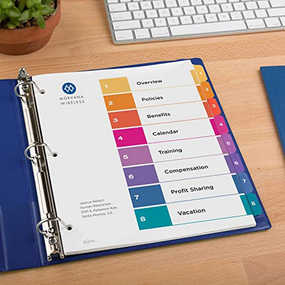 Avery 8 Tab Dividers for 3 Ring Binders, Customizable Table of Contents, Multicolor Tabs, 6 Sets (11186) (Pack of 10) - size: 8 tabs (Pack of 10)