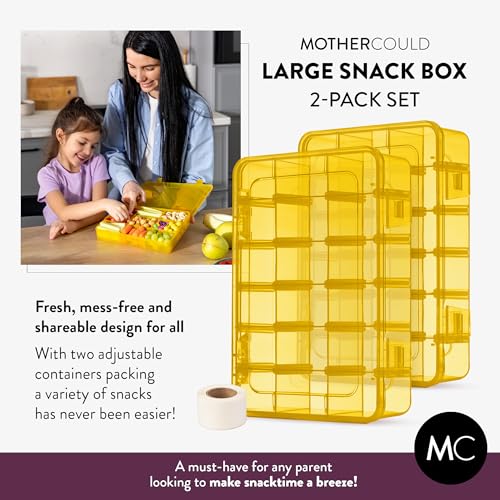 Large Kids Snack Box Containers Set of 2 -100 Labels, BPA-Free, Adjustable Compartments, Dishwasher Safe, Reusable Tray, Food Grade, Meal Prep Container, PARENT TESTED PARENT APPROVED AWARD (Yellow) - color: Yellow, size: Large