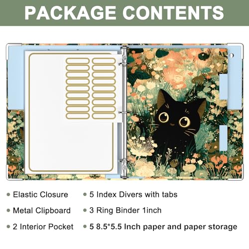 Rouidr Mini 3 Ring Binder with clipboard, 1 inch Round Binder Organizer, 8.5"x5.5" Cute Binder with 5 Dividers Tabs & Clear Sleeves, School Supplies, Office Supplies - color: Cute Cat, size: Mini 1in(8.5 x 5.5 in)