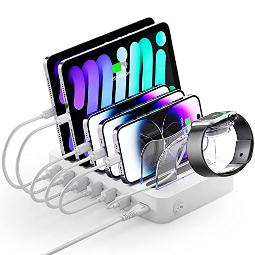 Unitek Fast Charging Station for Multiple Devices, 60W 6 Ports Charging Dock with QC 3.0, USB Charging Station Organizer with 7 Short Charging Cables for Phones, Tablets, and Other Electronics - color: White USB*6