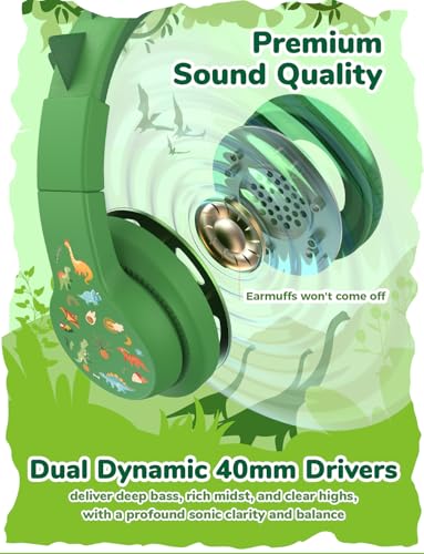 iClever Kids Headphones for School Travel, Safe Volume 85dBA, Stereo Sound Over-Ear for Kid, Foldable 3.5mm Wired Dinosaur Headphones for iPad Computer, HS19S - color: Dinosaur Green