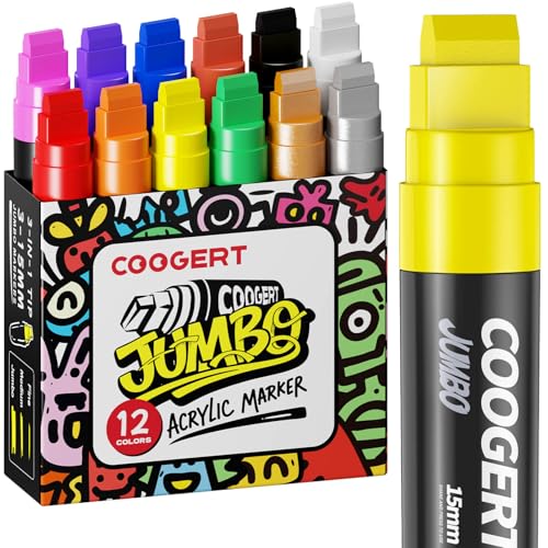 Coogert 12 Colors Jumbo Poster Markers, 15MM Thick Permanent Acrylic Graffiti Markers, Wide Tip Paint Marker for Canvas, Posters Board, Fabric, Window, Wood,Teachers,Banner painting supplies - color: 12 Colors