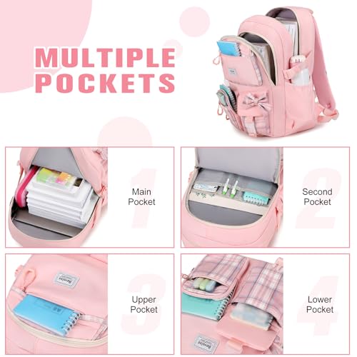 Bevalsa Backpack for Girls, Bow Plaid Bookpack with Bento Lunch Box, Insulated Bag & Utensils, 34oz Lunch Containers School Bags Set for Children Teens Kids Elementary Middle school Student (Pink) - color: Pink Plaid