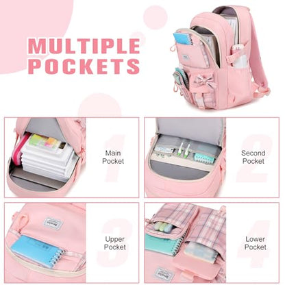 Bevalsa Backpack for Girls, Bow Plaid Bookpack with Bento Lunch Box, Insulated Bag & Utensils, 34oz Lunch Containers School Bags Set for Children Teens Kids Elementary Middle school Student (Pink) - color: Pink Plaid