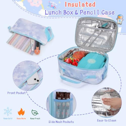 Girls Backpack,Cute Print School Kids Backpack with Insulated Lunch Box Pen Case Set,Kindergarten Elementary School Book Bag for Girls Children Students(3 pieces set -Blue) - color: 3 Pieces Set -Blue
