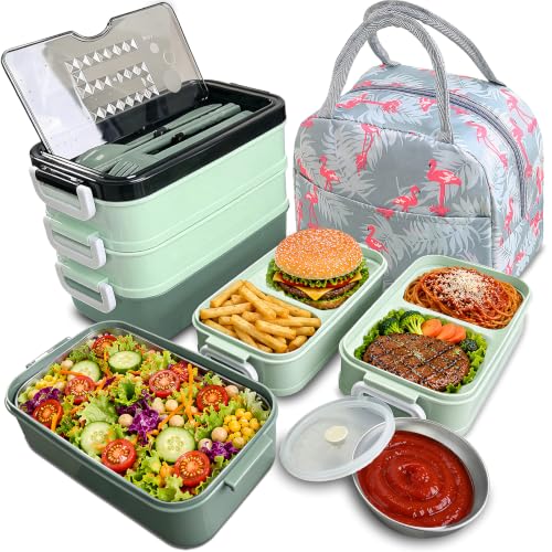 3-Tier Lunch Box for Women, Adult Lunch Box with Insulated Lunch Bag | 60 fl oz Large Capacity Bento Box with BPA-Free Utensils & Sauce Container, Leakproof, Microwave Safe for Work & Meal Prep - color: Green(3-Tiers)