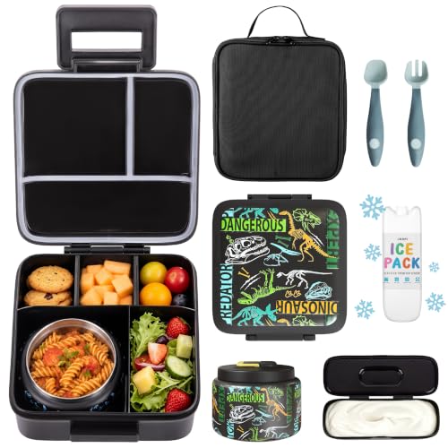 JXXM Bento Lunch Box for Kids With 8oz Soup thermo,Leak-proof Lunch Containers with 5 Compartment,thermo Food Jar and Lunch Bag, Food Containers for School (A-Black(Dinosaur Fossil)) - color: Black Dinosaur Fossil
