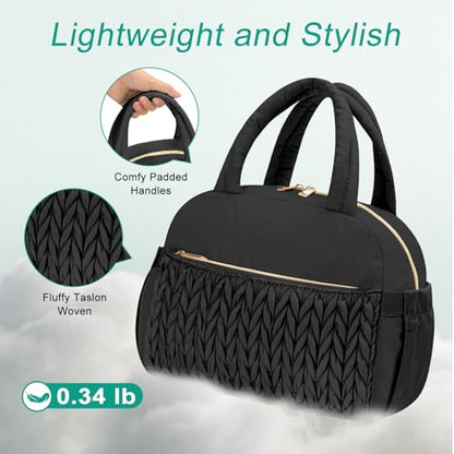 Coobiiya Cotton Quilted Lunch Bag,Cute Insulated Puffer Lunch Box for Women | Large Capacity Thermal Waterproof Cooler Bag for Work Picnic Travel - color: Black Woven Cotton