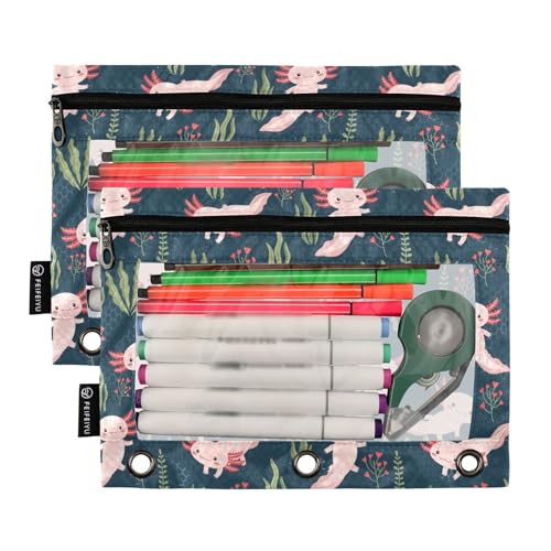 Emelivor Cute Salamander Pencil Pouch for 3 Ring Binder 2 Pack Binder Pencil Case with Clear Window Pencils Bags with Zipper for Office Daily College Home Supplies - color: 19-Cute Salamander