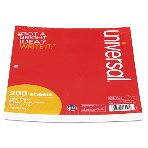 Universal 20921 Filler Paper, 8 1/2 x 11, College Rule, White, 200 Sheets/Pack