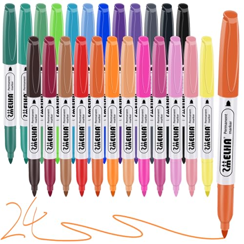 SMELHA Fine Tip Assorted Colors Permanent Markers, 24 Count Colorful Fine Point Markers Set, Waterproof, Quick Drying, Fade Resistant, on Glass, Plastic, Metal, Wood, Stone for Office, School, Home - color: multicolor