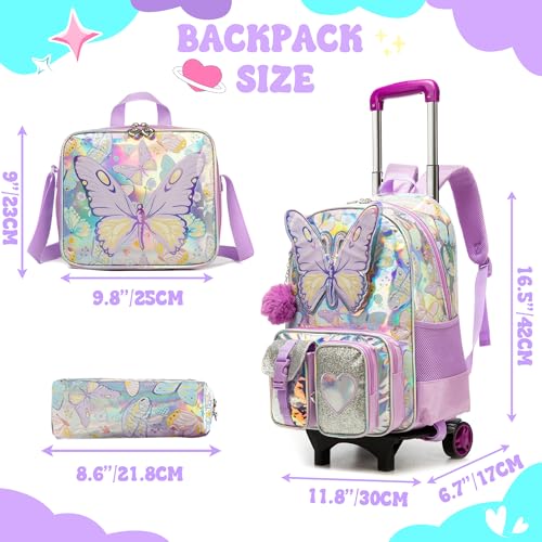 Meetbelify Girls Cute Backpack with Wheels for Elementary Students Kids Black Travel Luggage - color: Butterfly
