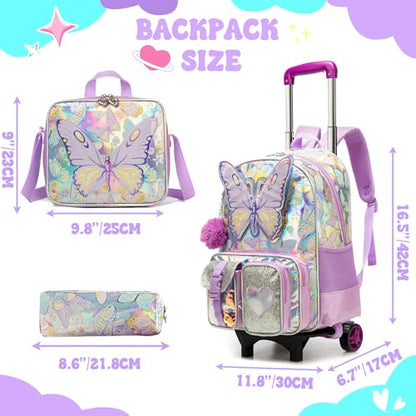 Meetbelify Girls Cute Backpack with Wheels for Elementary Students Kids Black Travel Luggage - color: Butterfly