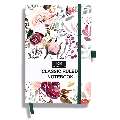 RICCO BELLO Lined Journal Notebook, Blossoms, Hardcover, 5.7x8.4" | 96 Sheets / 192 Pages, College Ruled, Pen Holder, For Work & Notes - color: Blossoms