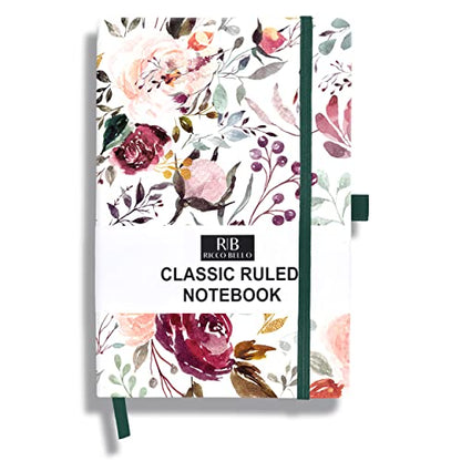 RICCO BELLO Lined Journal Notebook, Blossoms, Hardcover, 5.7x8.4" | 96 Sheets / 192 Pages, College Ruled, Pen Holder, For Work & Notes - color: Blossoms