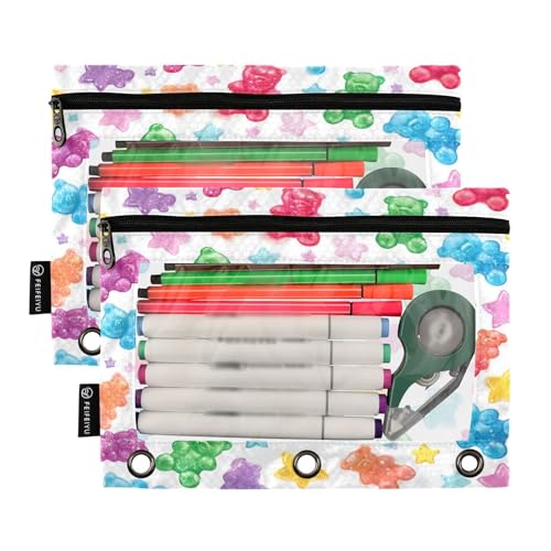 Pencil Pouch 3 Ring Colorful Gummy Bears Stars Zipper Pencil Pouches Case Binder Cosmetic Bag 2 Pack for Office School College Supplies - color: Gummy Bears Stars