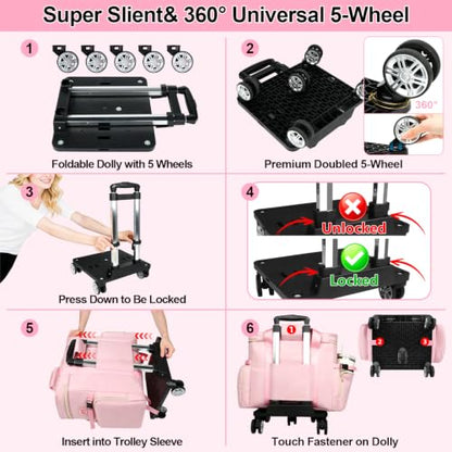 SIYNPAV 5-Wheeled Rolling Teacher Bag with Detachable Trolley, 15.6 Inch Laptop Sleeve & Accordion File Organizer, Large Capacity Teacher Tote with Cup Holder for School Office, Pink
