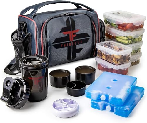 ThinkFit Red Reusable Lunch Bag with 6 Portion Control Containers, 2 XL Ice Packs, Pill Box, and Shoulder Strap - Microwavable and Freezer Safe - color: Red