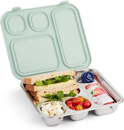 Elk and Friends Kids Stainless Steel Bento Box with Silicone Lid | Leak-proof | Toddler Lunch Container | 4 Compartments | Dishwasher Safe - color: Sage