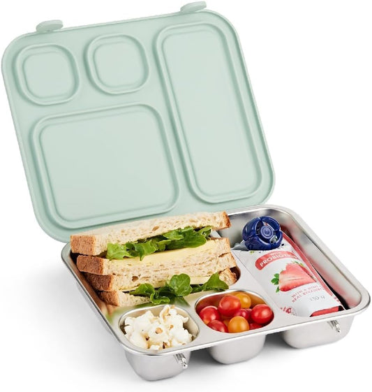 Elk and Friends Kids Stainless Steel Bento Box with Silicone Lid | Leak-proof | Toddler Lunch Container | 4 Compartments | Dishwasher Safe - color: Sage