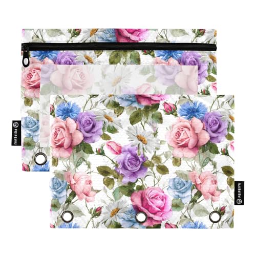 Binder Pouches,Peony Leaves Pencil Pouch for 3 Ring Roses Chamomile Binder 2 Pack Clear Pencil Bag with Zipper for Office School Supplies - color: Multicolored 7