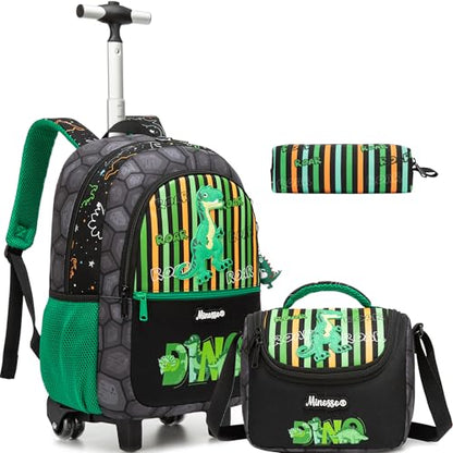 Kids Rolling Backpack for Boys 16.5" School Roller Backpack with Lunch Box, Toddler Backpacks with Wheels Rollig Wheeled Backpacks for Elementary School - color: Green Dinosaur
