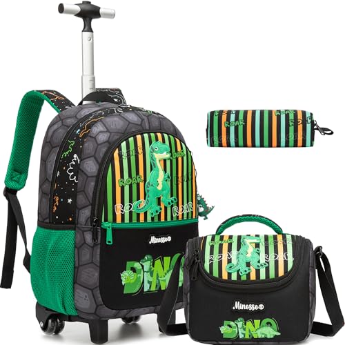 Kids Rolling Backpack for Boys 16.5" School Roller Backpack with Lunch Box, Toddler Backpacks with Wheels Rollig Wheeled Backpacks for Elementary School - color: Green Dinosaur