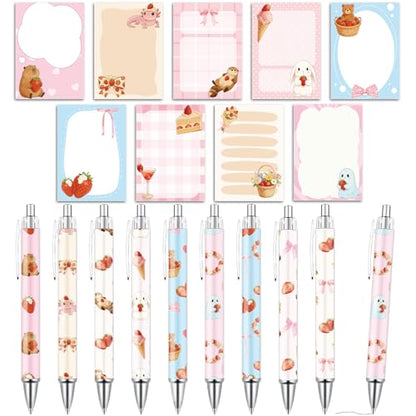 Wxiben Strawberry Sticky Notes with Pens - 18 Pcs Bow Ballpoint Pens Bear Axolotl Rabbit Notepads Set Cake Cocktail Notes Black Ink Pen Gifts for Women Study Office School Supplies Party Favors - color: Strawberry