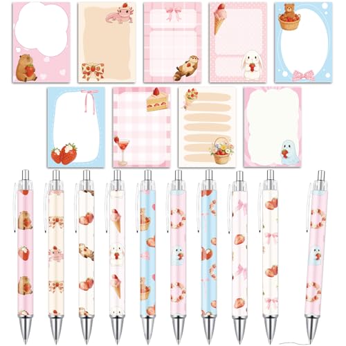 Wxiben Strawberry Sticky Notes with Pens - 18 Pcs Bow Ballpoint Pens Bear Axolotl Rabbit Notepads Set Cake Cocktail Notes Black Ink Pen Gifts for Women Study Office School Supplies Party Favors - color: Strawberry