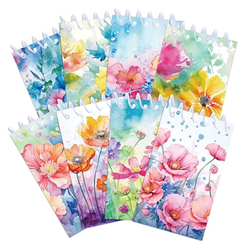 8 Pack Dyeing Flower Patterned Small Mini Notebook, Watercolor Florals Mini Spiral Pocket Notebook, Watercolor Flowers Memopad for School Supplies, Classroom Rewards Birthday Party Favors
