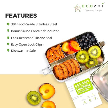 ecozoi 5 Compartment Stainless Steel Bento Lunch Box for Adults & Kids, 50 oz Leakproof Metal Meal Prep Container with Bonus Sauce Cup, BPA Free Eco Friendly, Dishwasher Safe for School, Work, Office - size: 5 Compartment 50 Oz