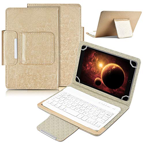 DETUOSI Universal 8.0 inch Android Tablet Case with Keyboard, Removable Wireless Bluetooth Keyboard + PU Leather Folio Book Cover + Stand, Travel Portable Sleeve for iOS/Android/Windows System Tablet - color: Gold Case + White Keyboard