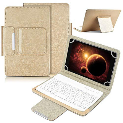 DETUOSI Universal 8.0 inch Android Tablet Case with Keyboard, Removable Wireless Bluetooth Keyboard + PU Leather Folio Book Cover + Stand, Travel Portable Sleeve for iOS/Android/Windows System Tablet - color: Gold Case + White Keyboard