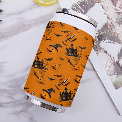 T&H XHome Halloween 14oz Stainless Steel Tumbler with Lid & Straw-Double Wall Vacuum Insulated Travel Mug Pumpkin Haunted Castle Bats Orange Water Bottle Coffee Beverage Drinks Cup - size: 14 Ounces