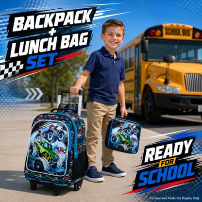 CCJPX 3PCS Truck Rolling Backpack for Boys, Kids Roller Wheels School Bookbag Set, Cars Travel Wheeled School Bag for Toddler Elementary Children-Blue - color: Green Truck