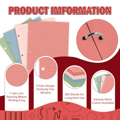 200 Sheets Mini Loose Leaf Paper 5.5 x 8.5 Mini Binder Paper 3 Ring Colored Lined Paper College Ruled 3 Hole Punched Lined Papers Small Notebook Refill Pages Planner Inserts for School Office - style: Lined