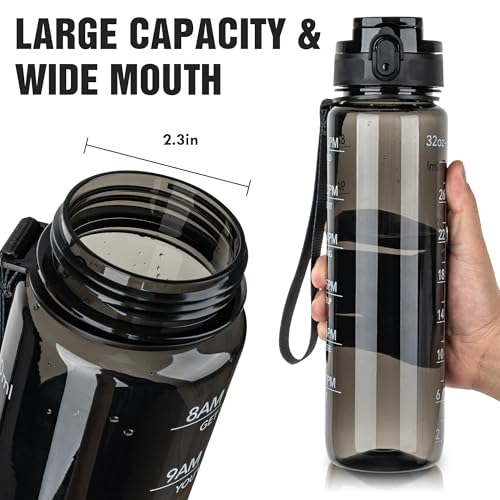 OLDLEY Water Bottle, 32oz Motivational Sports Water Bottle with Time Marker - Times to Drink - Tritan, BPA Free, Wide Mouth Leakproof,Clear Black - color: Clear Black