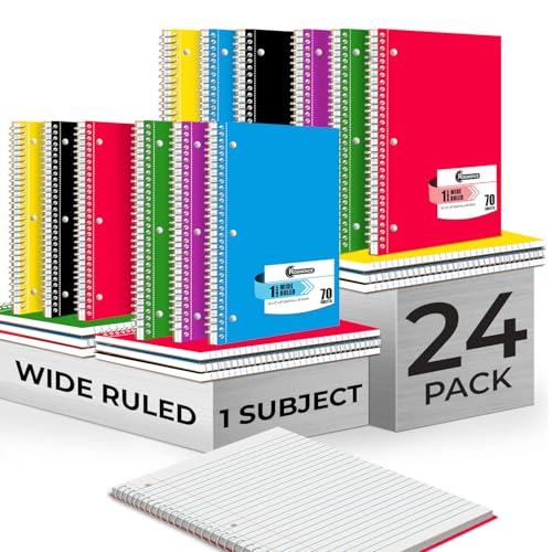 Rosmonde Spiral Notebooks, 24 Pack, 1 Subject Notebook, Wide Ruled, 70 Sheets, 8 x 10-1/2", 3 Hole Punched, School Supplies, Bulk Single Subject Spiral Notebook Bulk, Assorted Colors Pack of Notebooks - size: 24 Pack, style: 1 Subject - Soft Cover