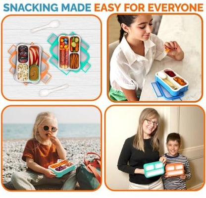 Small Snack Containers for Kids Toddlers - 3 Compartments (Set of 2) - Leak-Proof Reusable Boxes with Lids - BPA-Free Plastic Mini Bento Lunch Box - Ideal for School, Holds 2 Cups (Teal Blue+Orange) | 3 Compartments, Leak-Proof, Spill Proof, BPA-Free Reus