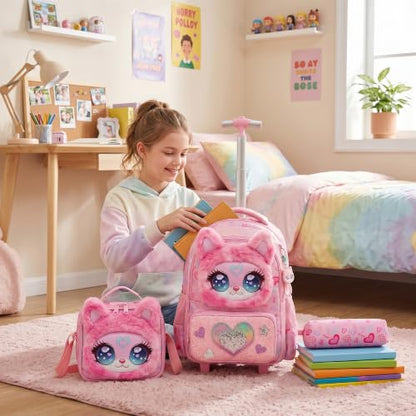 Girls Rolling Backpack for Kids with Wheels,Cute 3D Kids Rolling Backpack for School,Lightweight Kids Luggage for 6-8,Large Capacity BookBag with Wheels & Telescopic Handle - color: 3d Plush Cute Pink