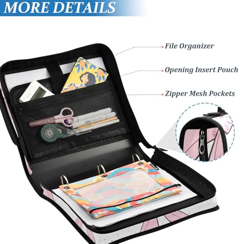 Pink Bows Waterproof Zipper Binder with Shoulder Strap, 3-Ring Trapper Keeper with Lay-Flat Design and Multiple Compartments for School & Office, Adults & Kids